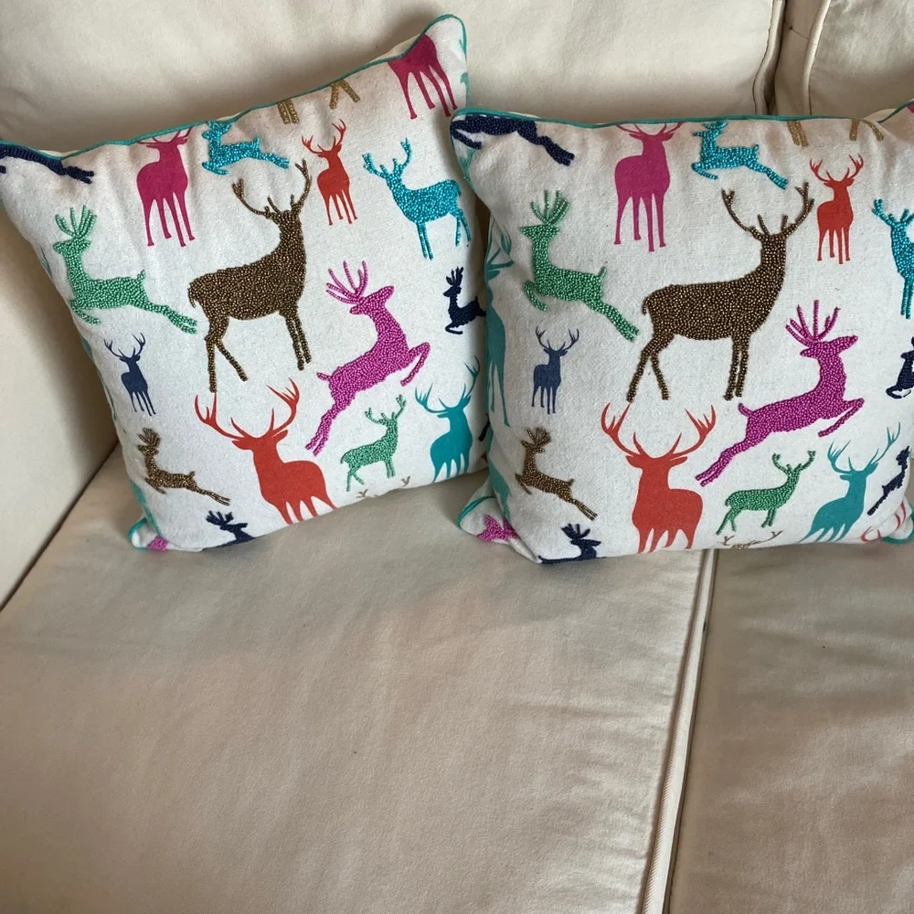 Colorful Reindeer Beaded Throw Pillow Set